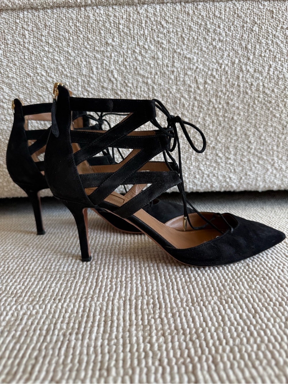 Strappy Lace-Up Pointed-Toe Heels in Black